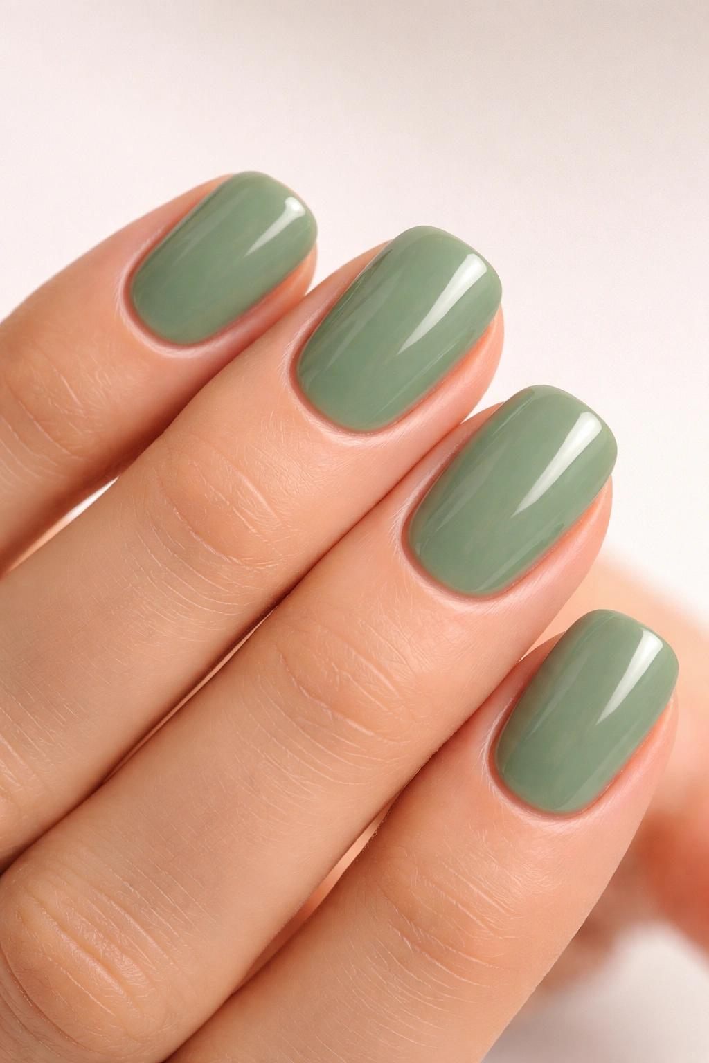 Close-up of sage green nails with a polished finish