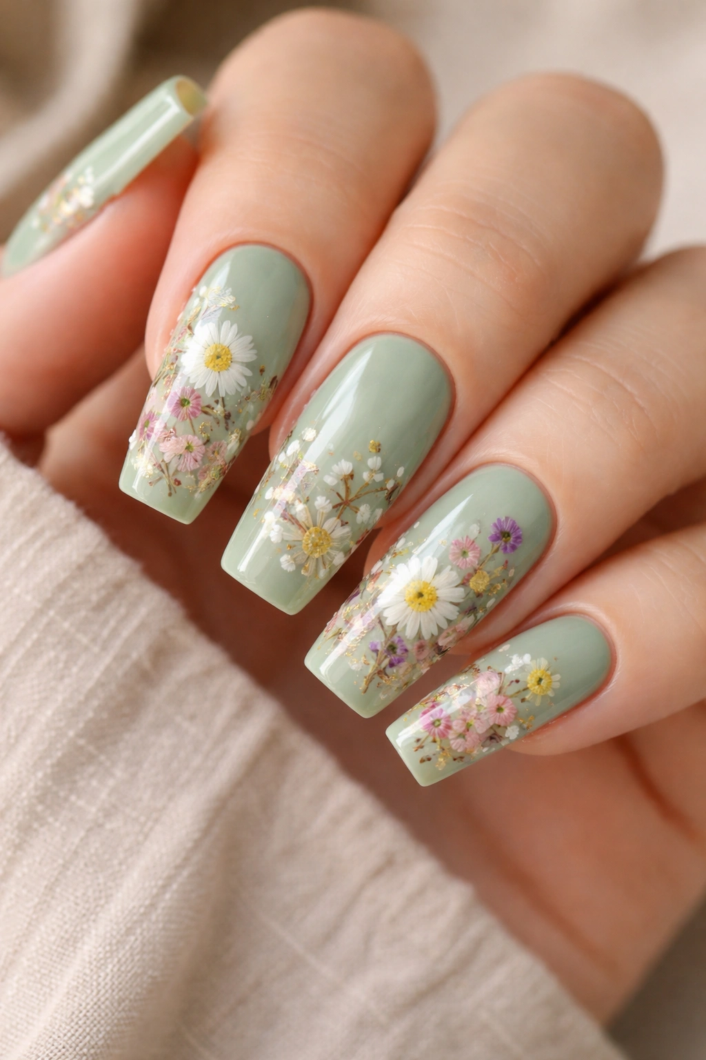 Close-up of sage green coffin nails with pressed flowers under clear topcoat