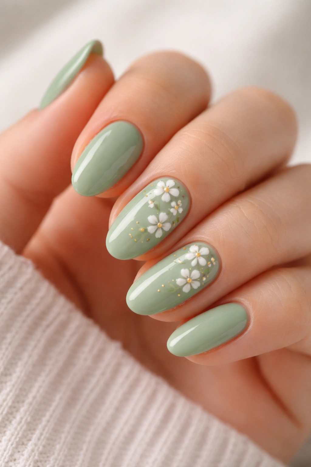 Close-up of short almond nails in sage green with tiny white flowers on accent nails