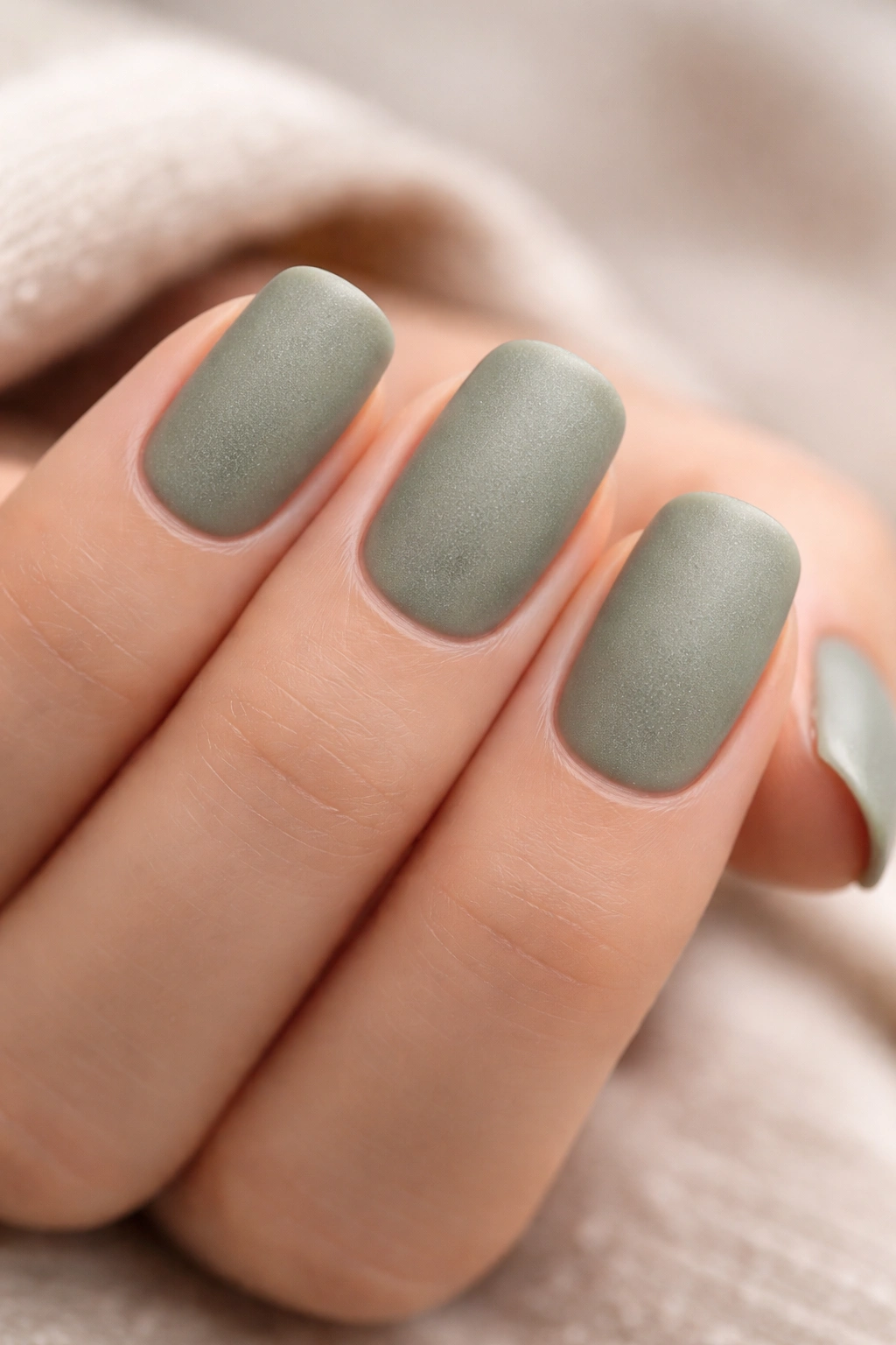 Close-up of sage green squoval nails with frosted top coat