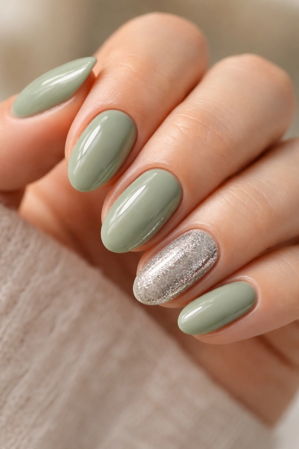 Close-up of sage green nails with a single glitter accent on one nail