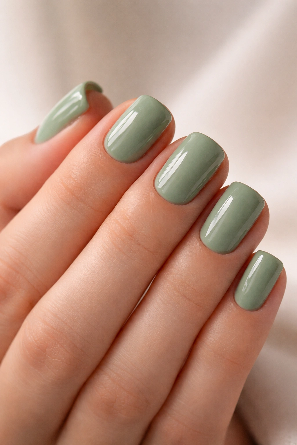 Close-up of short soft square nails in Soft Sage Green with Glossy Finish
