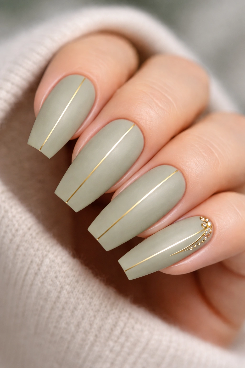 Close-up of sage green coffin nails with a single center gold line