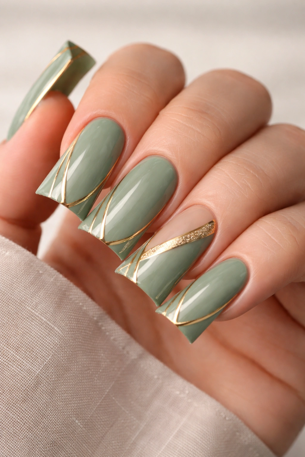 Close-up of duck nails in sage green with gold accents on a wide fan nail shape