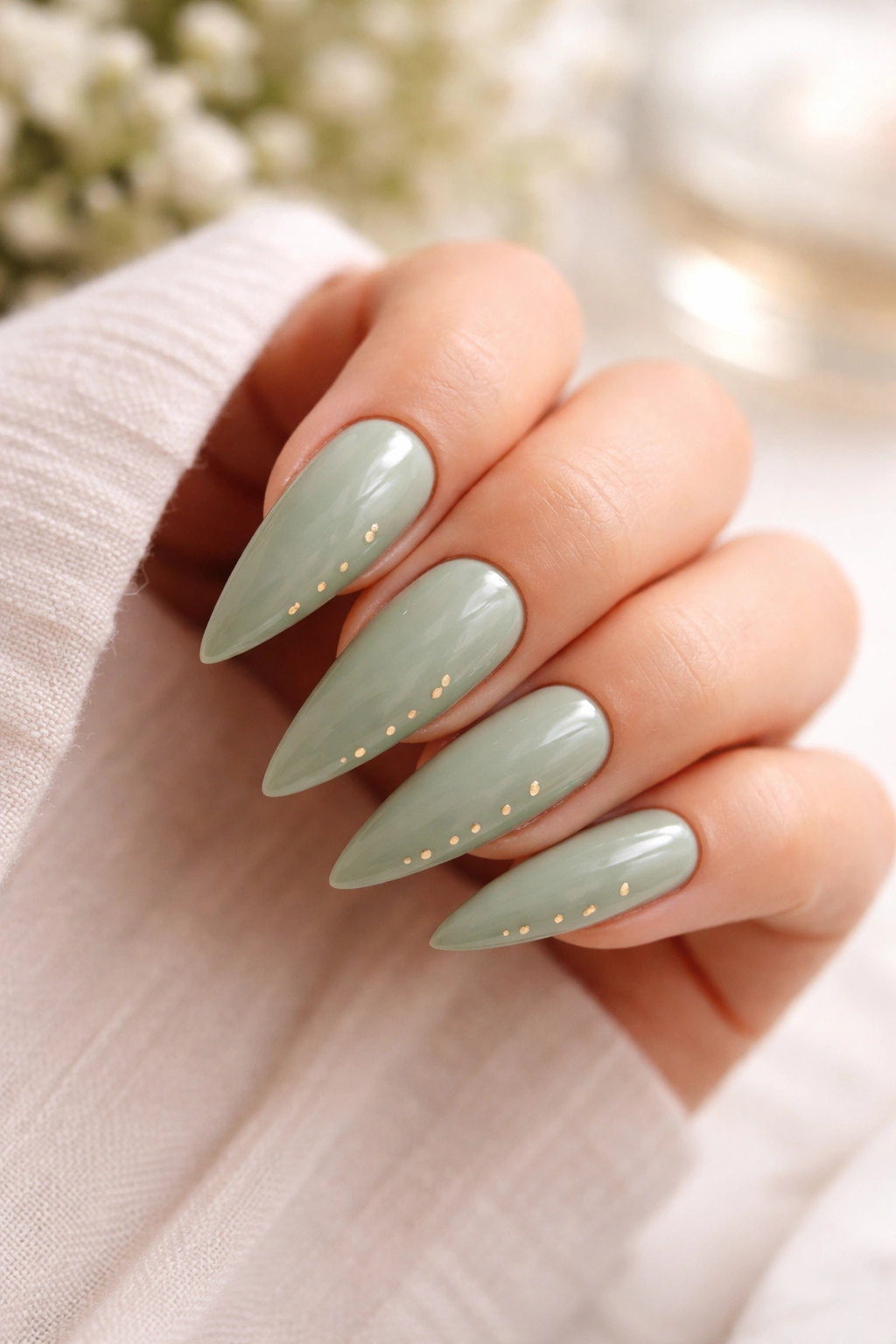 Sage green nails with minimalist gold dots on stiletto shape