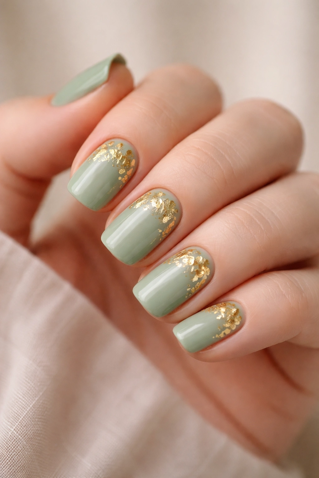 Close-up sage green nails with gold leaf accents