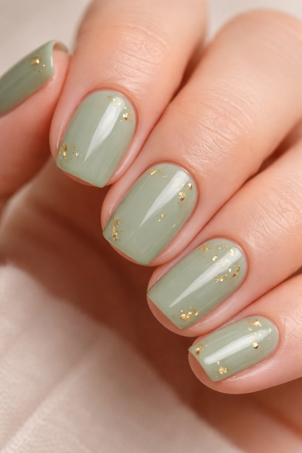 Close-up of sage green squoval nails with tiny gold leaf accents on a neutral background
