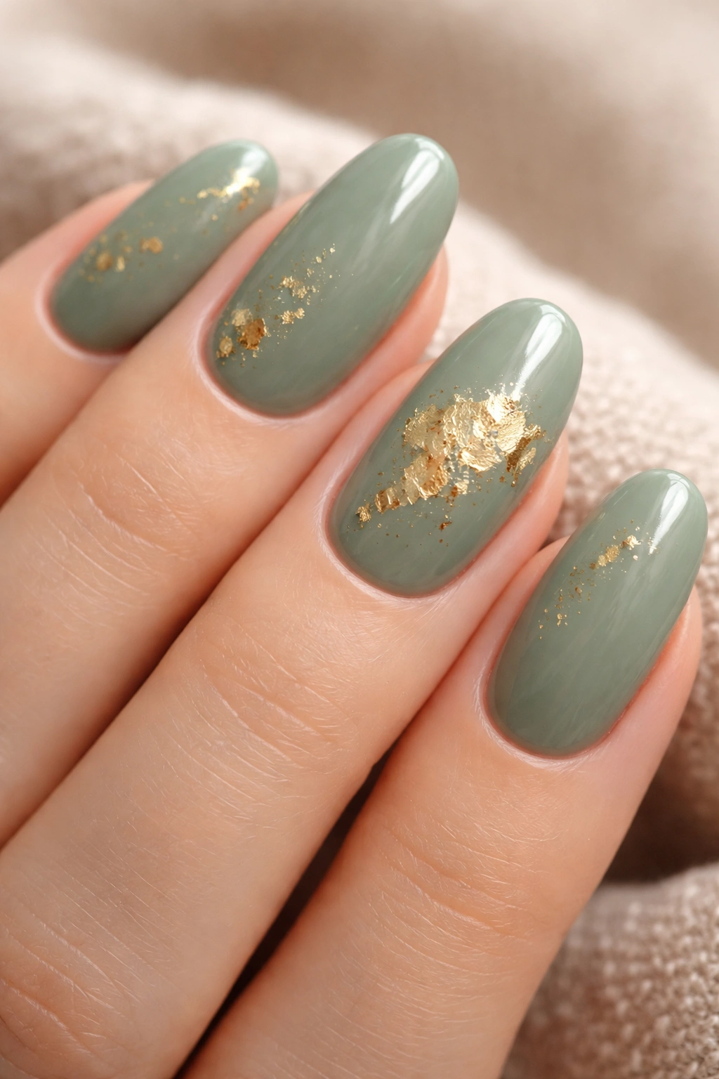 Close-up of sage green oval nails with gold leaf accents