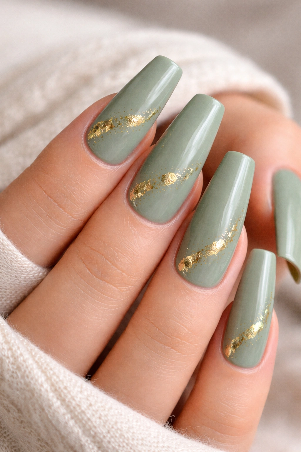 Close-up of long coffin nails in sage green with gold leaf accents