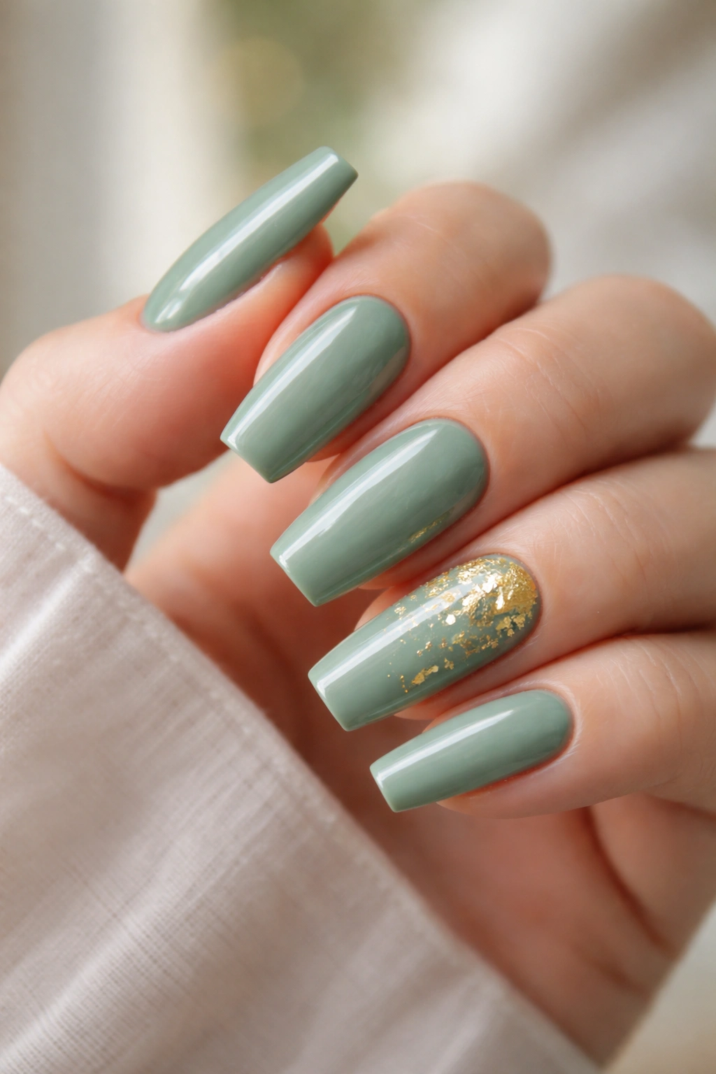 Sage green coffin nails with gold leaf accents on one nail