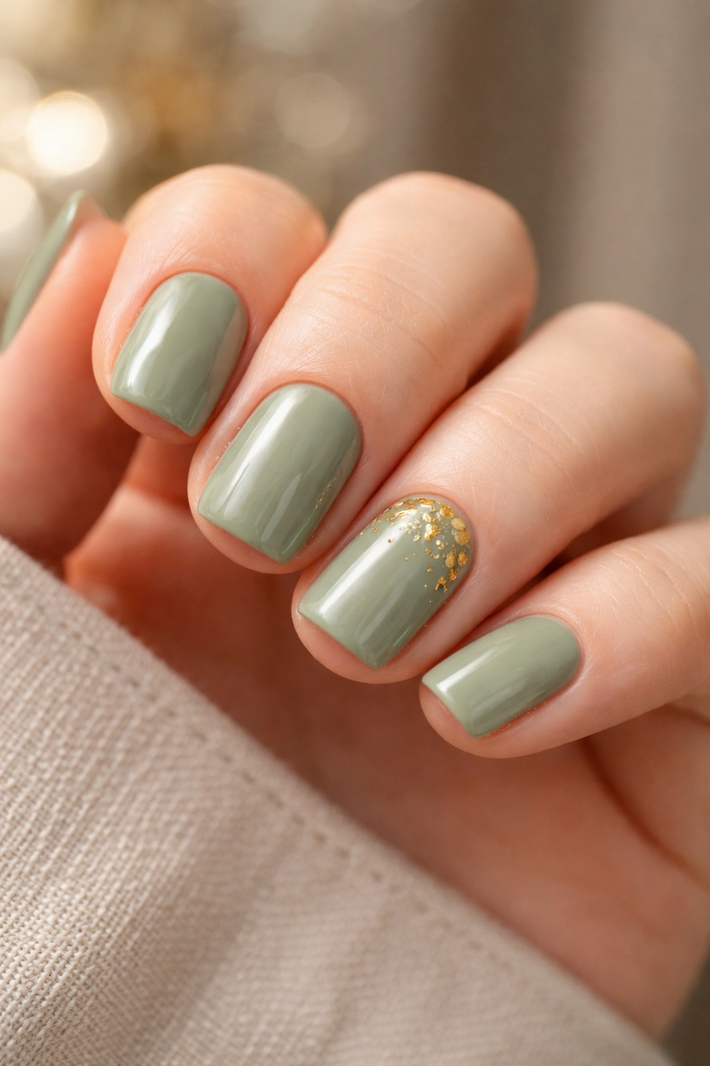 Close-up of short squoval nails in sage green with subtle gold leaf accents on one or two nails