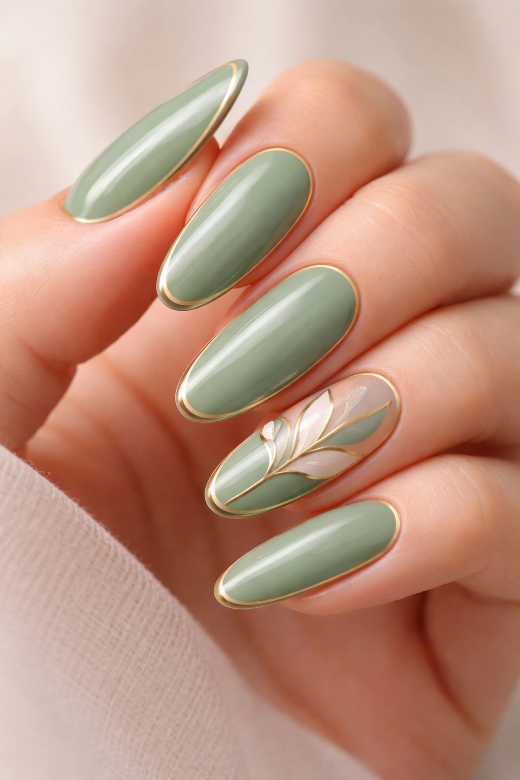 Sage green nails with gold outline and negative-space leaf accent