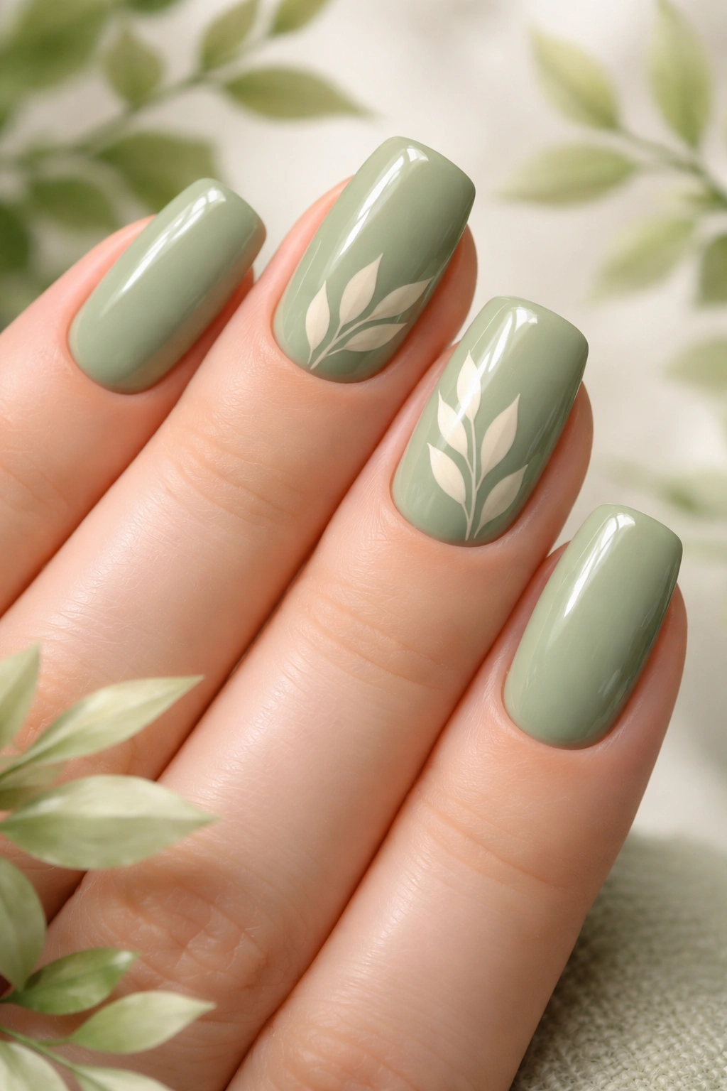 Sage green nails with cream leaves design