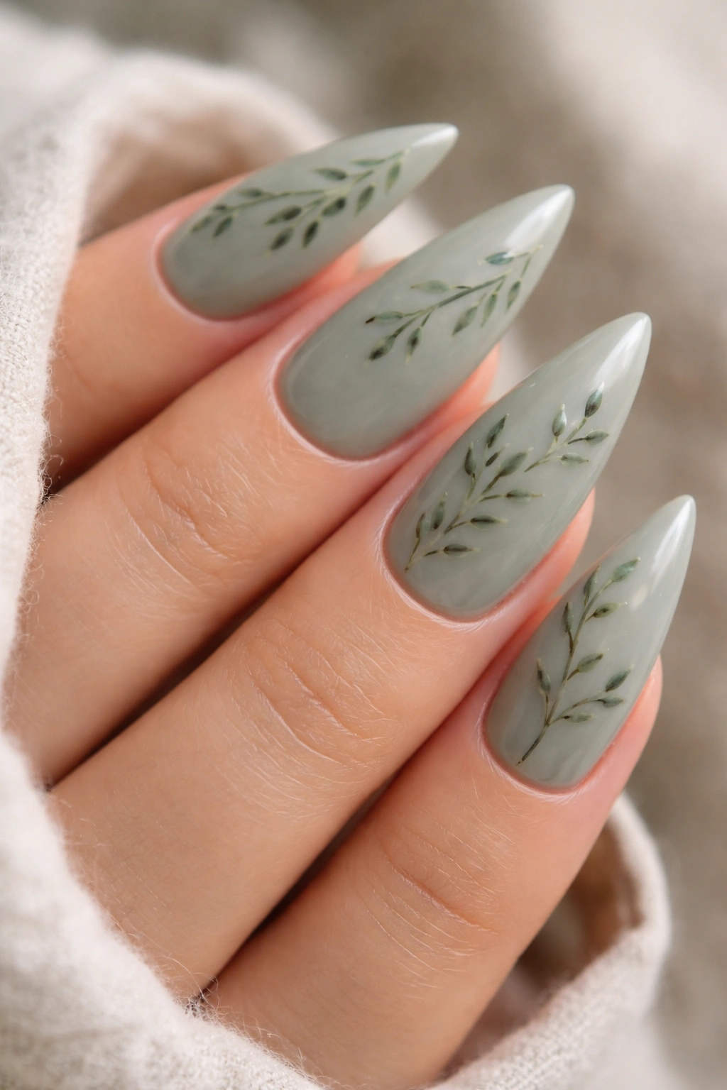 Close-up of sage green nails with tiny leaf details