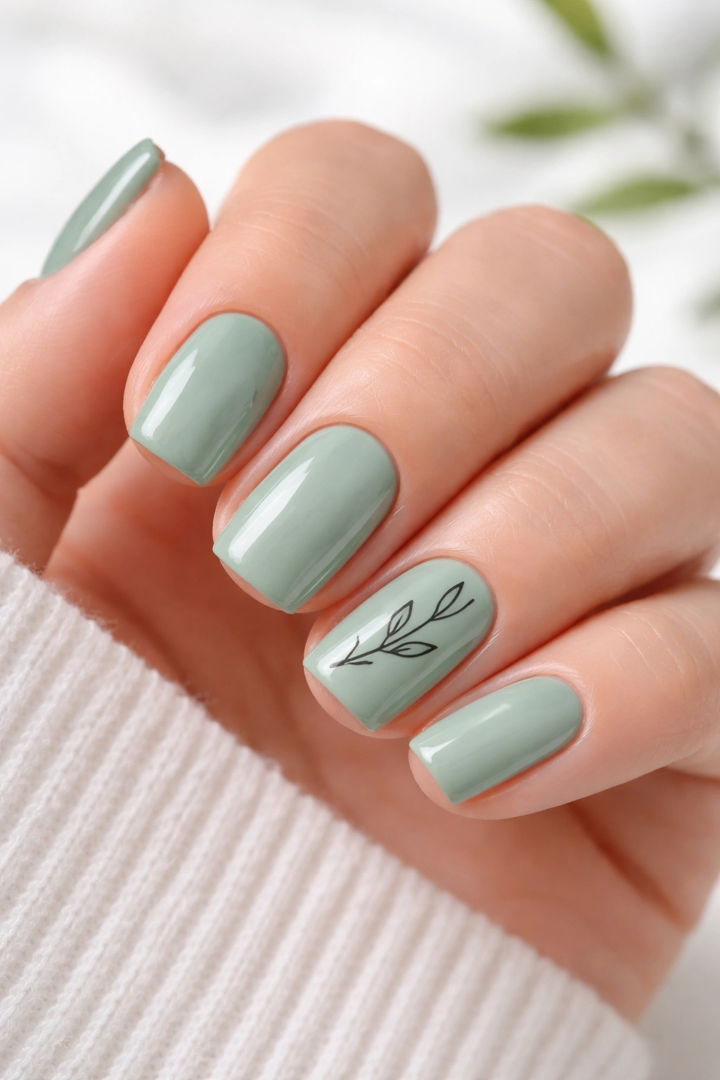 Five short squoval nails in sage green with minimalist black botanical line art