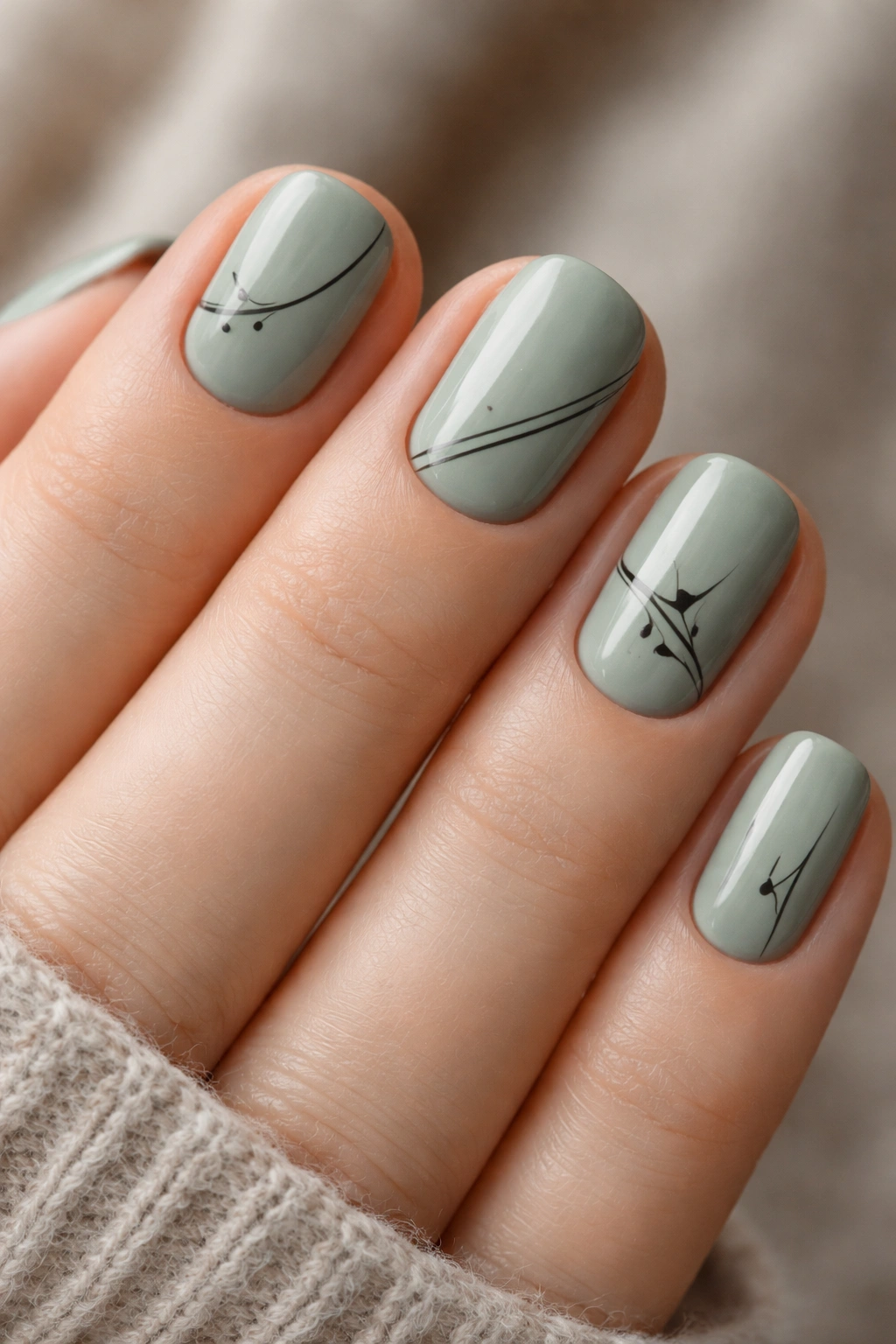 Close-up of sage green nails with black line art on short squoval nails