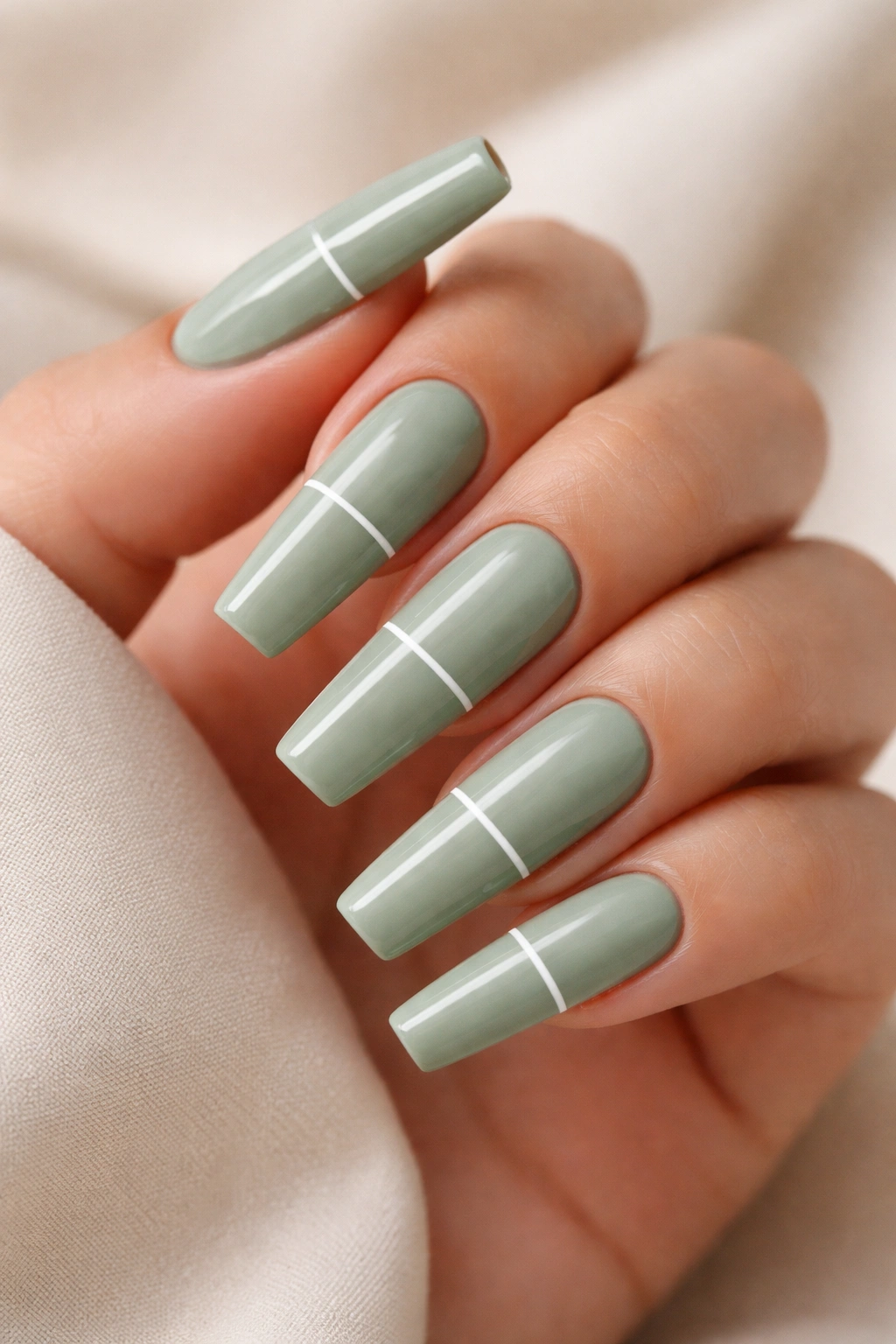 Close-up of coffin nails with sage green base and a thin white line