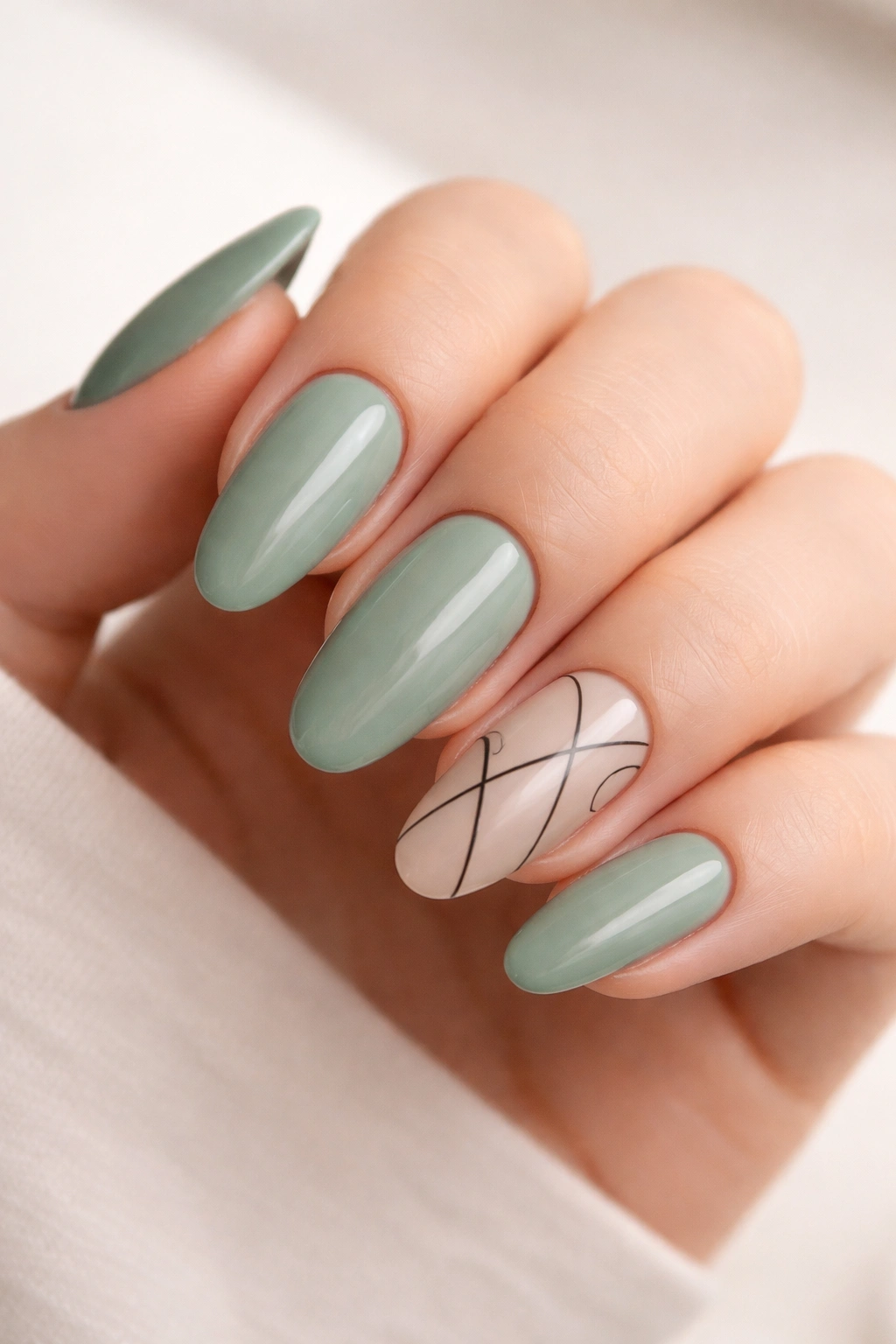 Close-up of sage green long round nails with a minimalist geometric accent nail