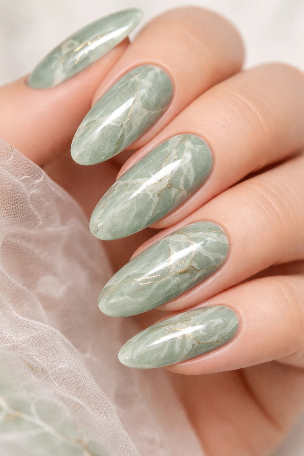 Sage green marble nails with white veining on long oval nails.