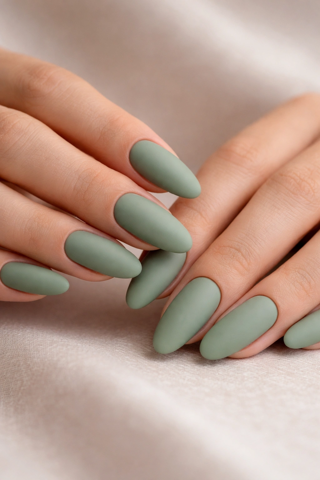 Long oval nails in sage green with a velvety matte finish