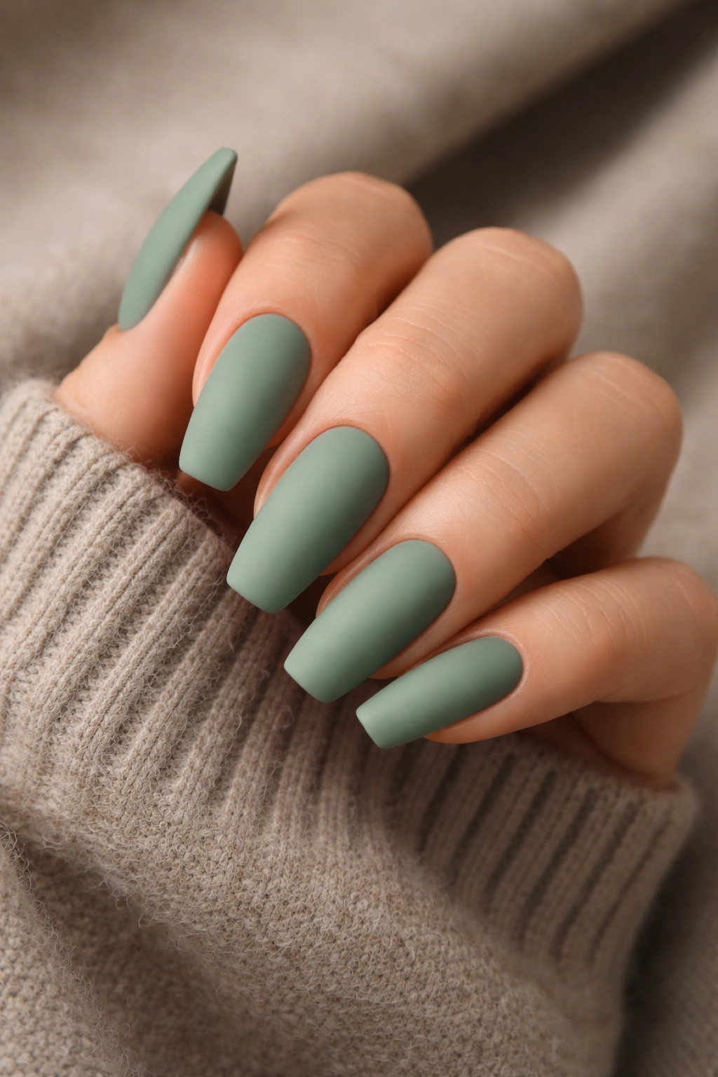 Close-up of matte sage green acrylic nails on a hand.