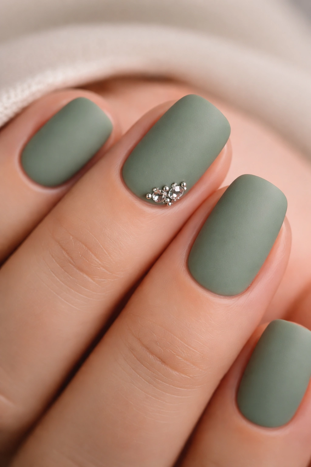 Close-up of sage green matte nails with crystal cluster accents on a couple of nails.