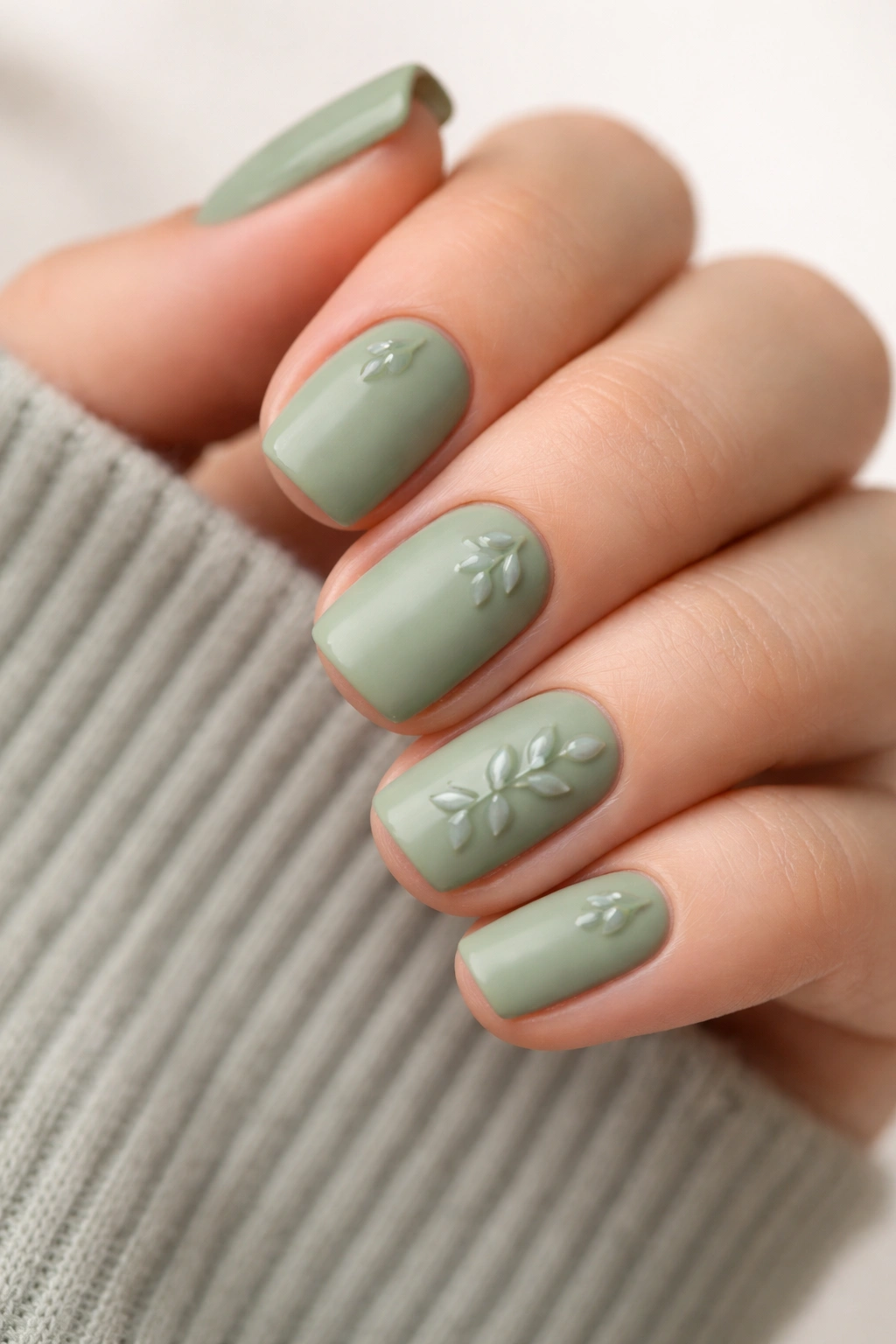 Close-up of matte sage green nails with glossy leaf details on a short squoval manicure