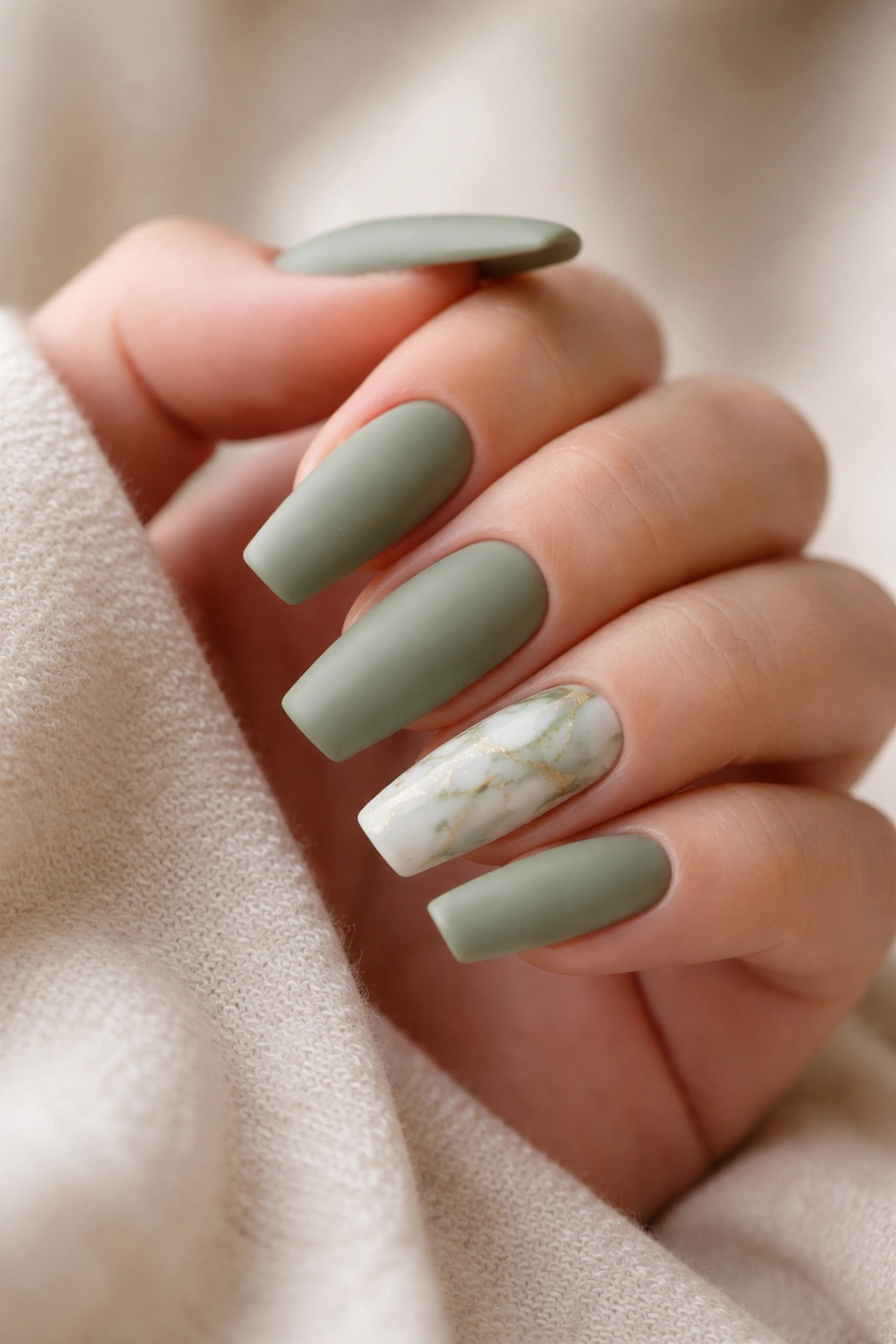 Matte sage green nails with a marble nail for texture