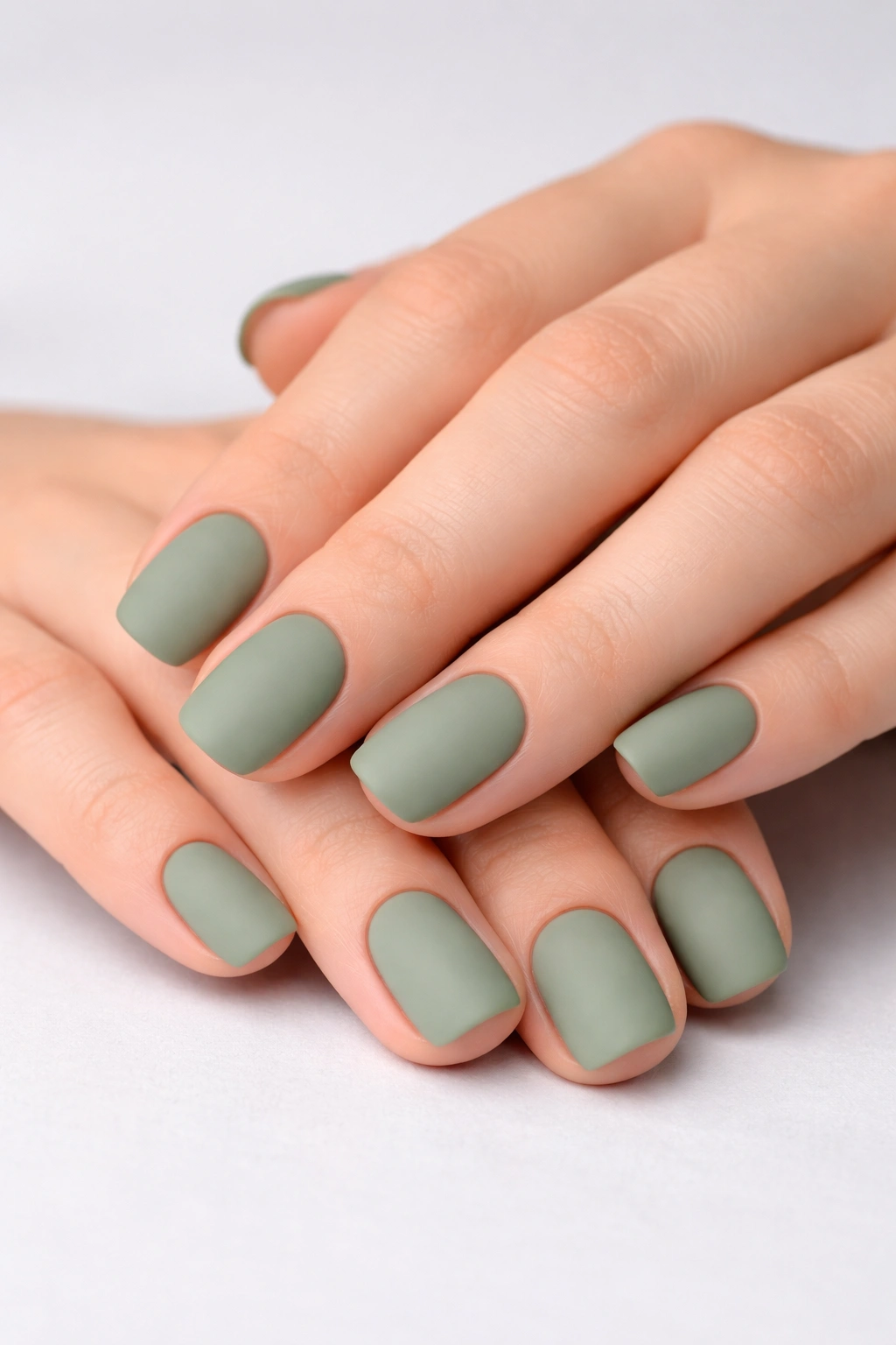 Close-up of sage green matte nails on short squoval shape