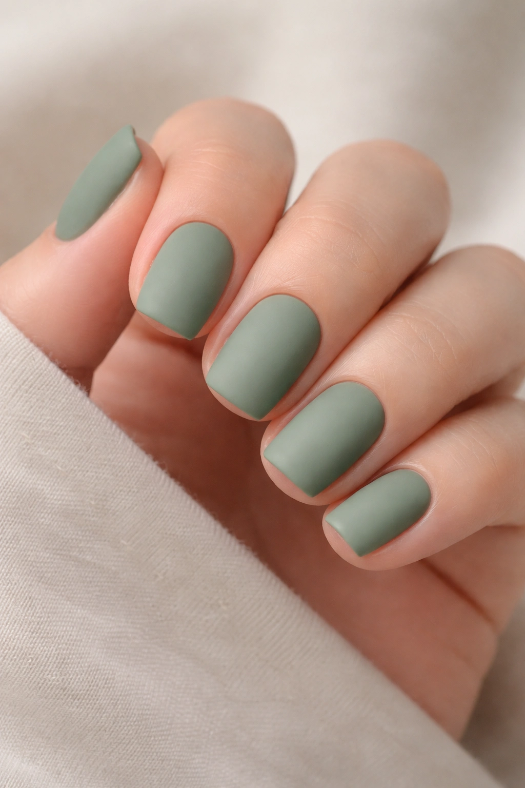 Close-up of short squoval nails in sage green matte finish.