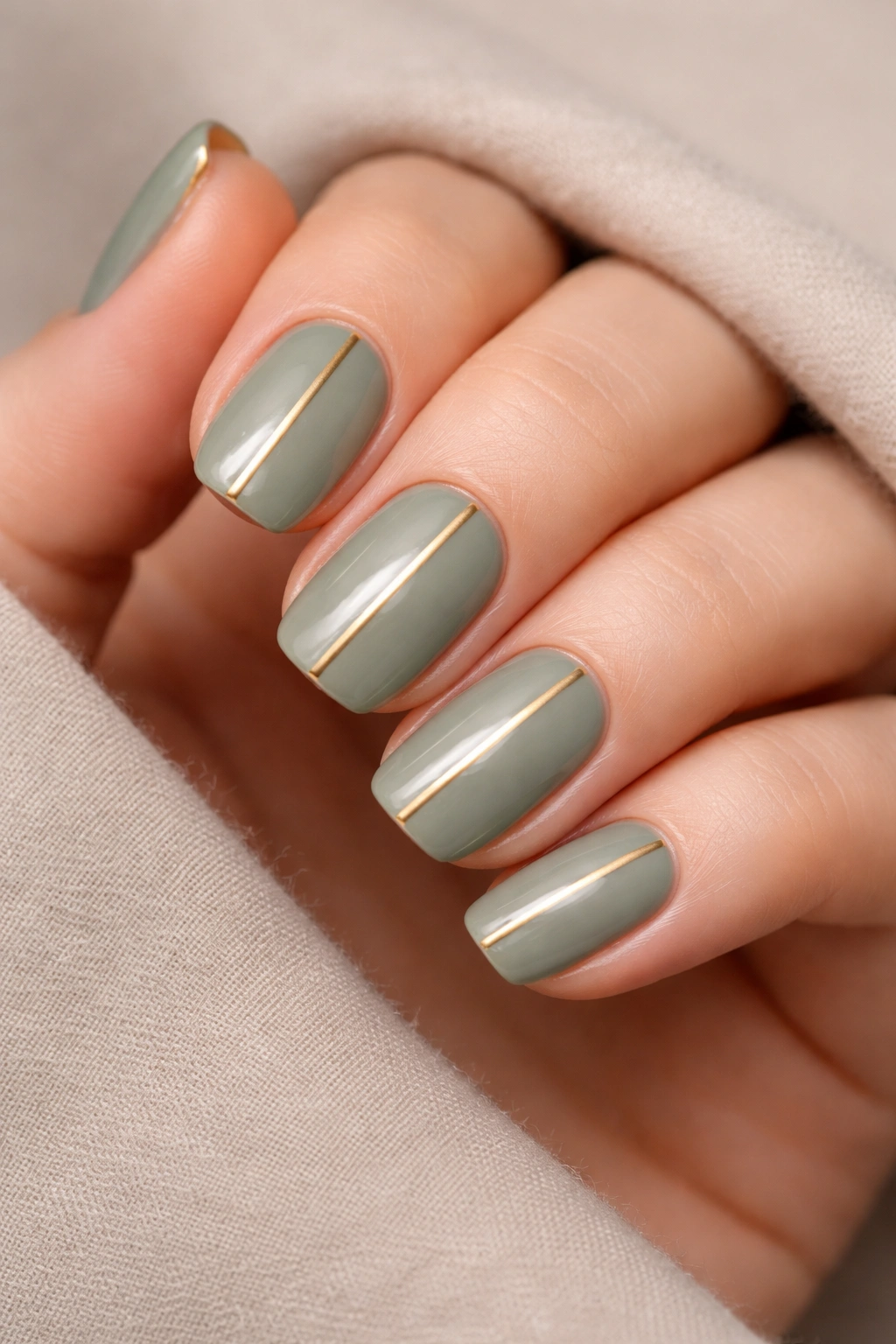 Sage green nails with a thin gold metallic line accent.