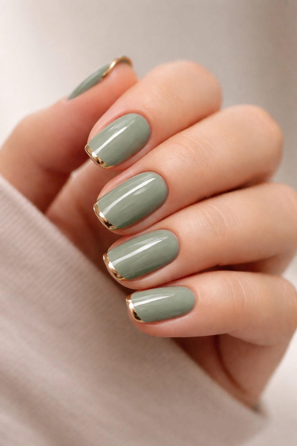 Close-up of short squoval nails in sage green with metallic tips