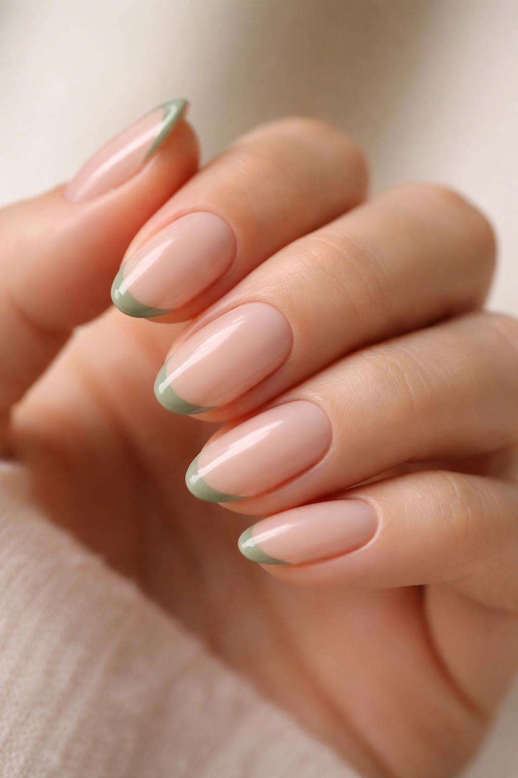 Close-up of short almond nails with micro sage green French tips on nude base