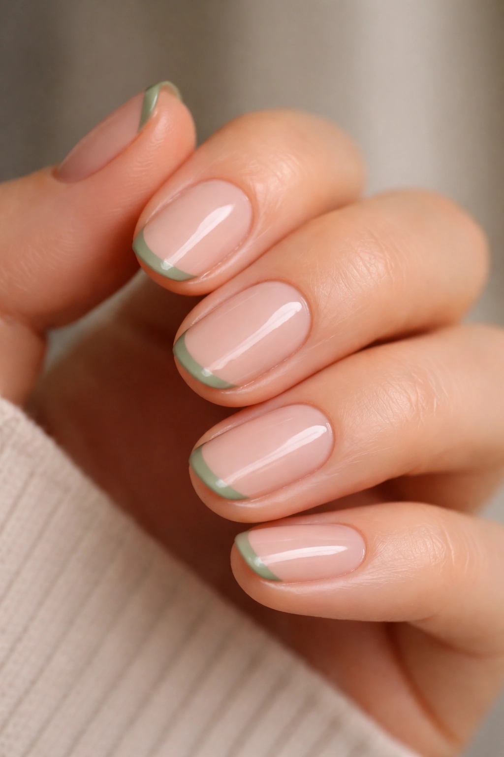 Close-up of short oval nails with sage green micro-French tips on sheer pink base.