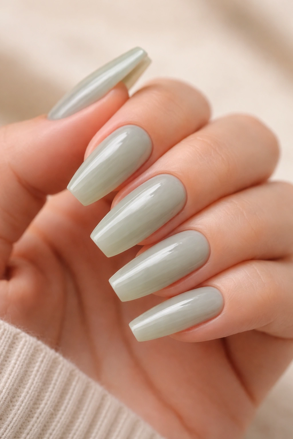 Macro shot of milky sage green ballerina nails on medium length
