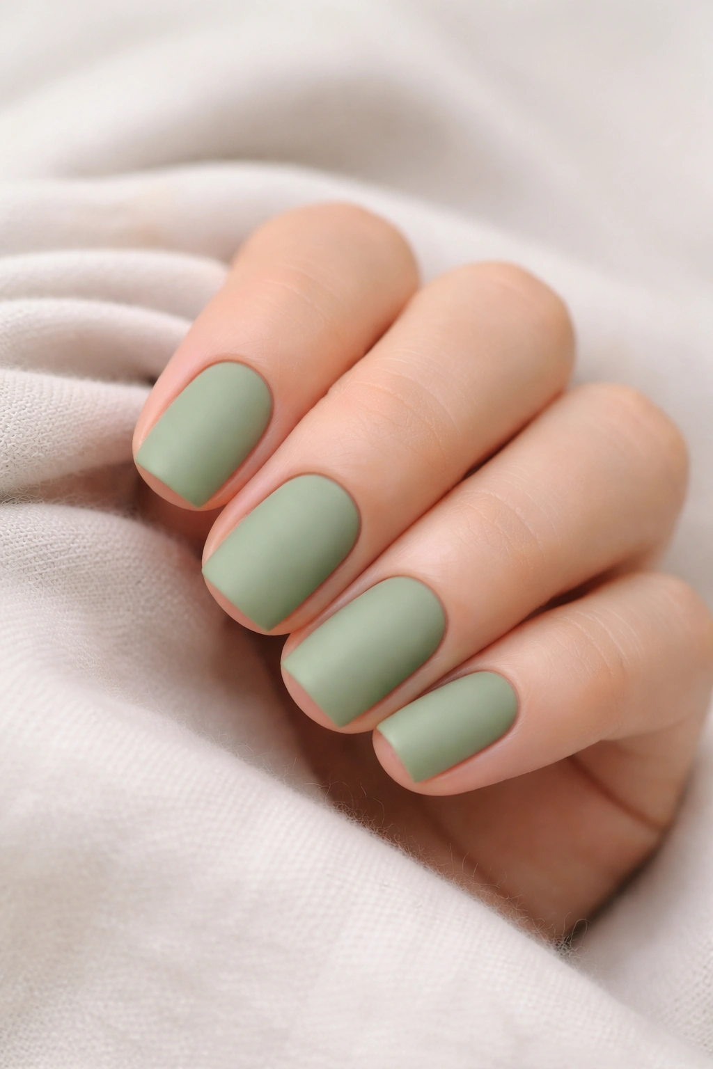 Close-up of sage green short squoval nails with no decoration
