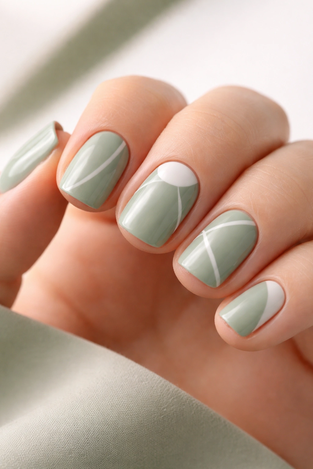 Sage green nails with minimal white negative-space shapes