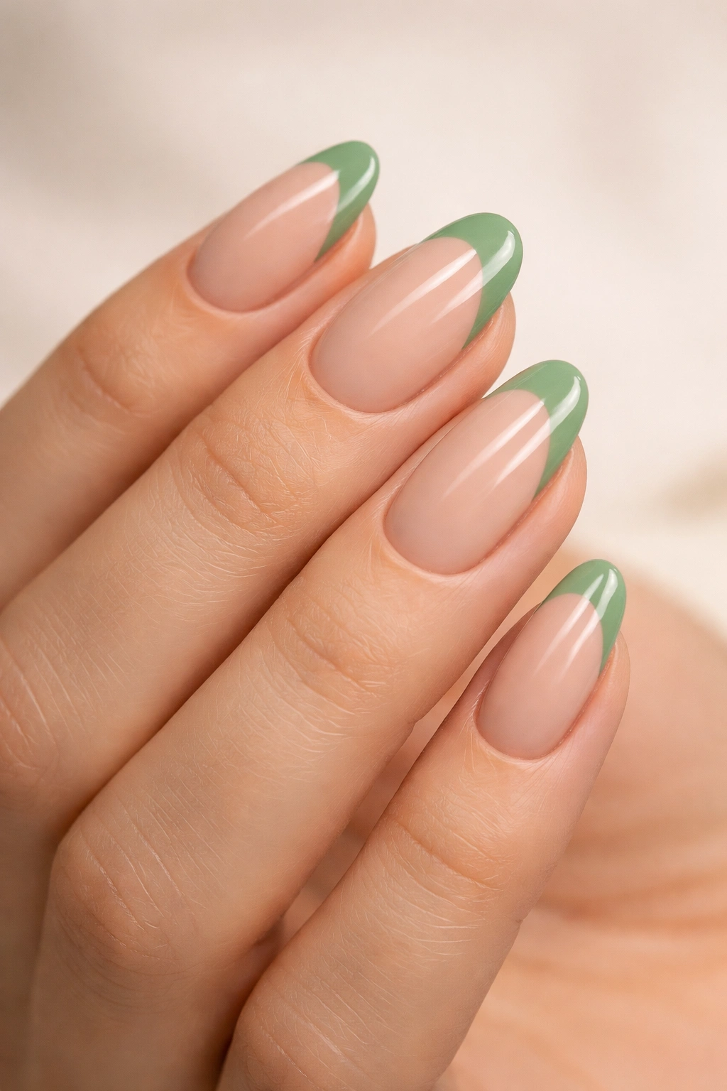 Close-up of nails with nude base and sage green French tips