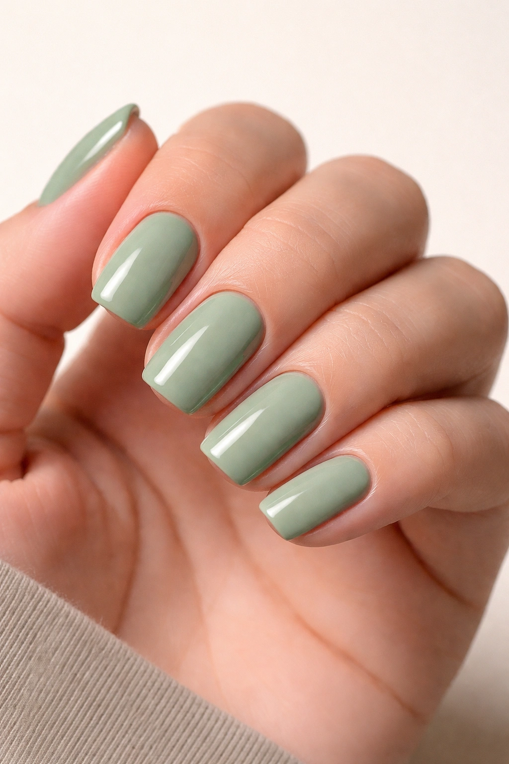 Close-up of sage green nails in a muted pastel manicure on a light backdrop