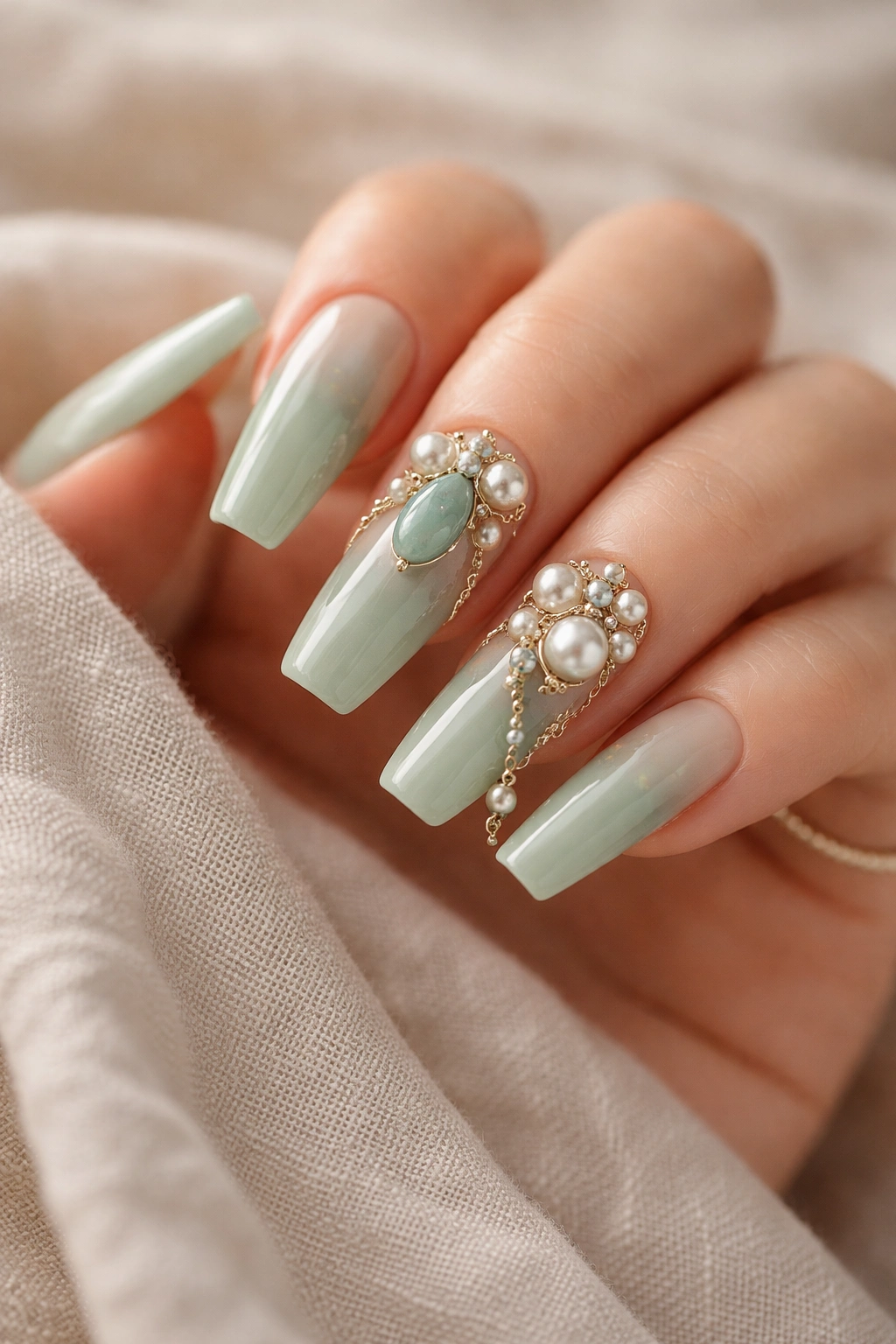 Sage green coffin nails with pearl and jade charms arranged on select nails