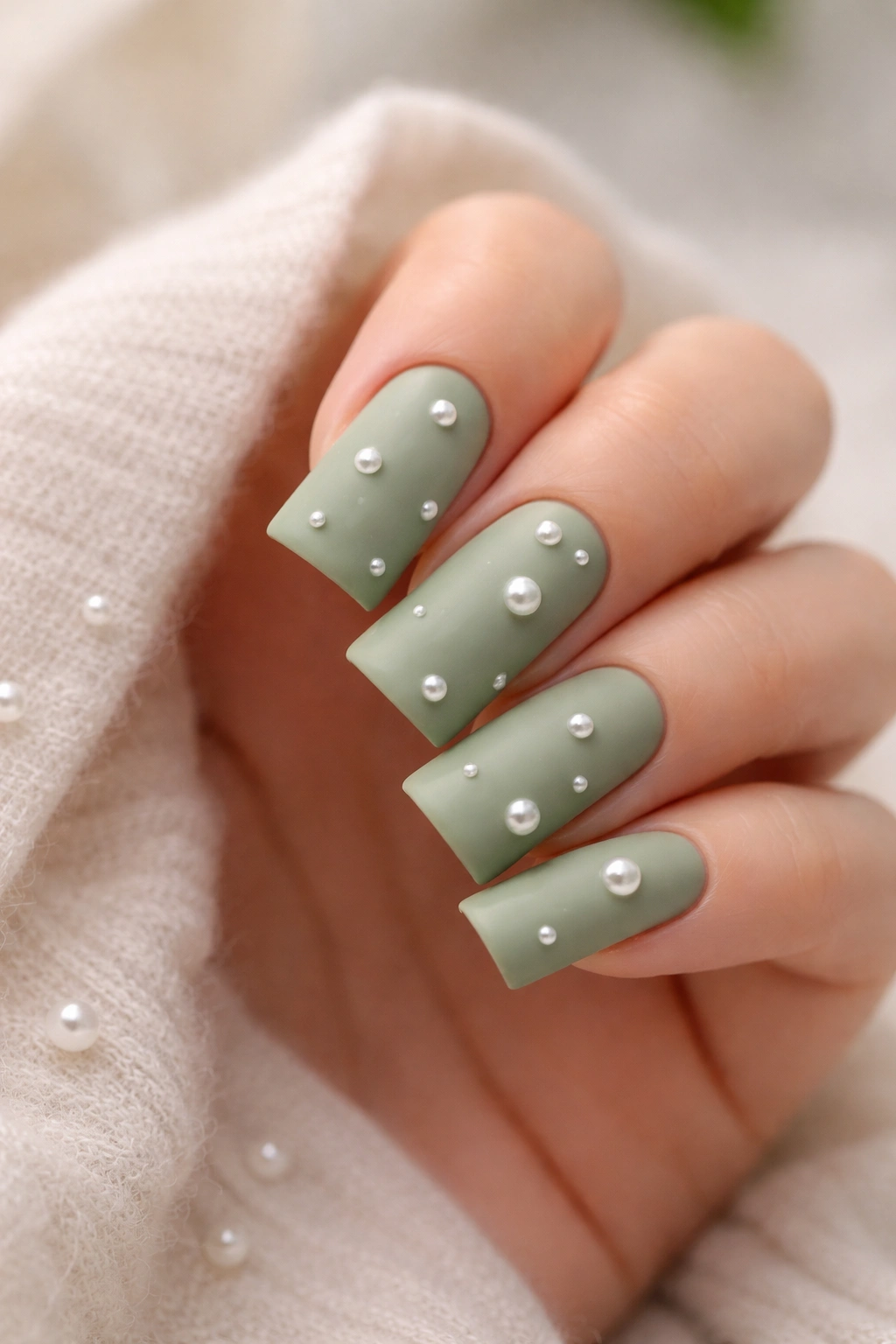 Sage green matte duck nails with pearl accents