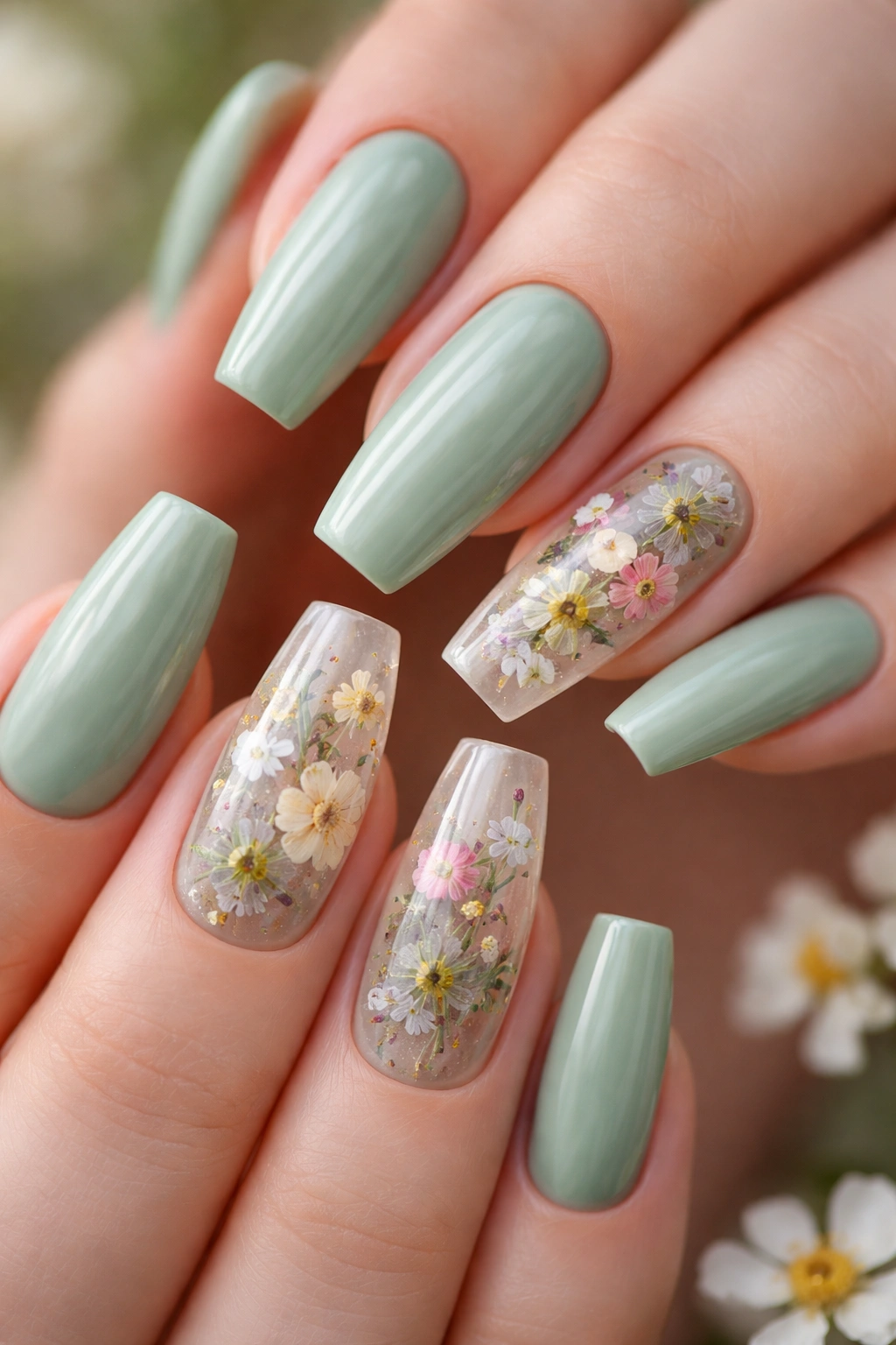 Sage green coffin nails with pressed flowers encapsulated in clear gel