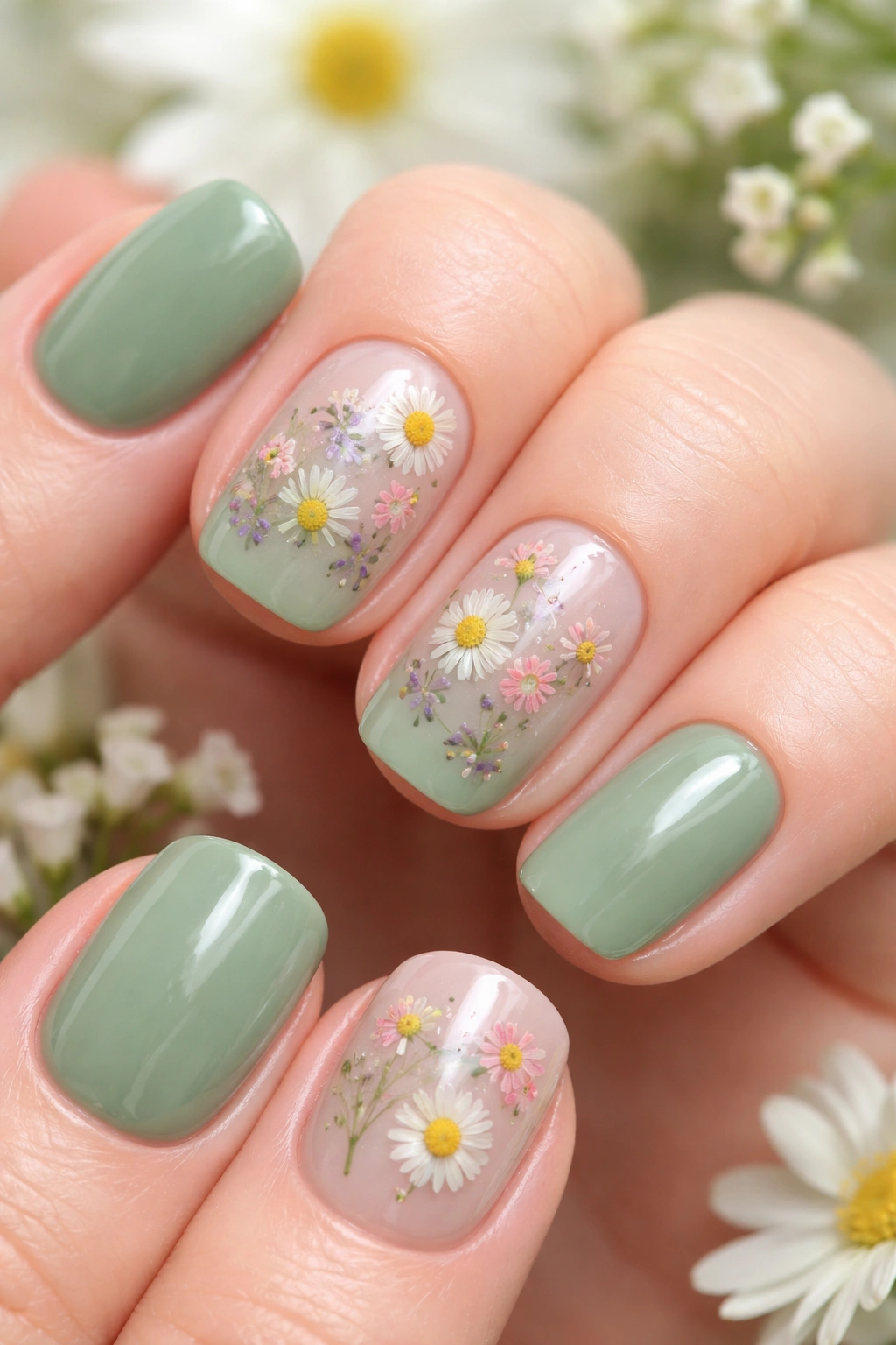 Close-up of sage green squoval nails with pressed flowers