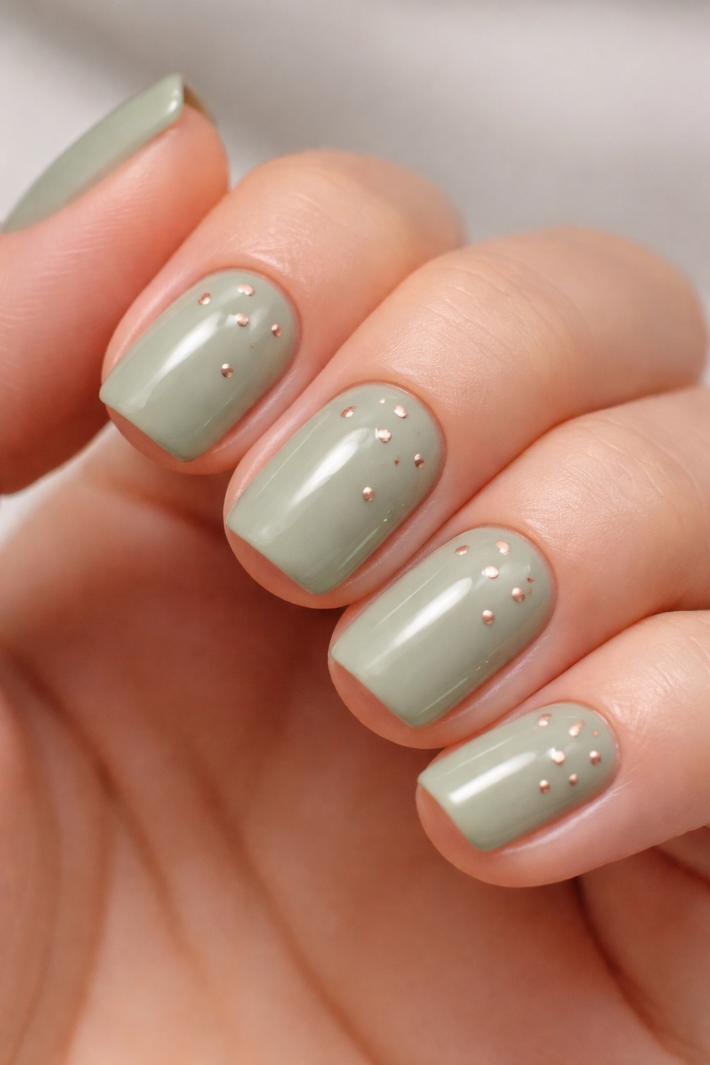 Sage green nails with rose gold dot accents