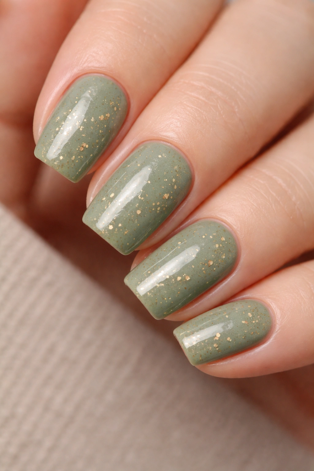Close-up of sage green nails with tiny gold speckles on squoval nails