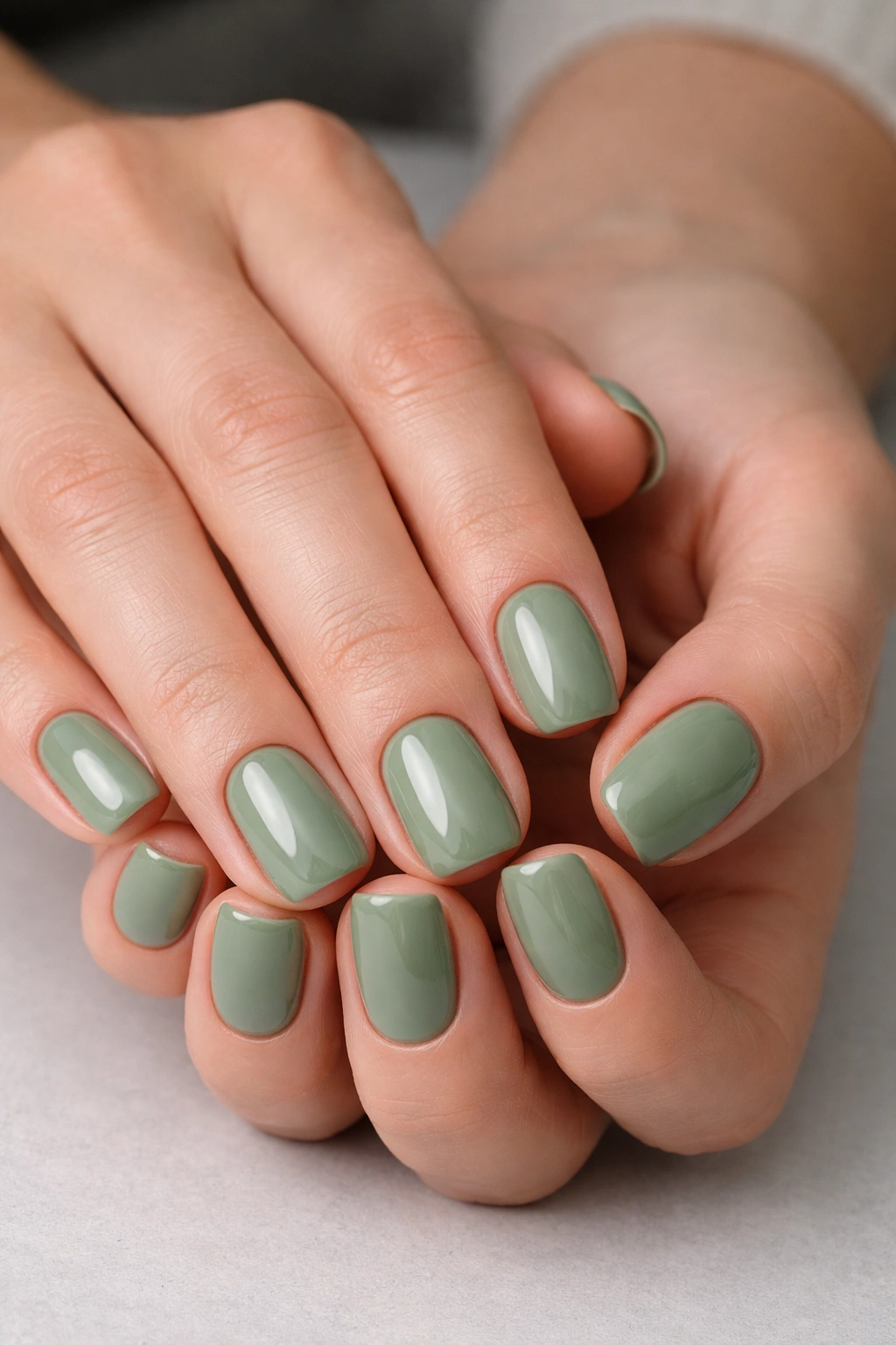 Close-up of short squoval nails in sage green with a glossy topcoat