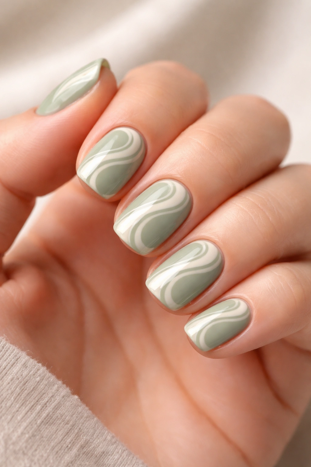 Close-up of sage green nails with cream swirl designs on short squoval nails