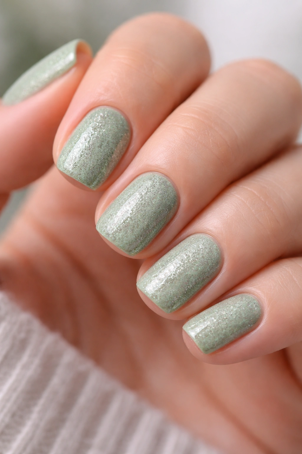 Close-up of sage green nails with embedded fine glitter texture on short squoval nails.