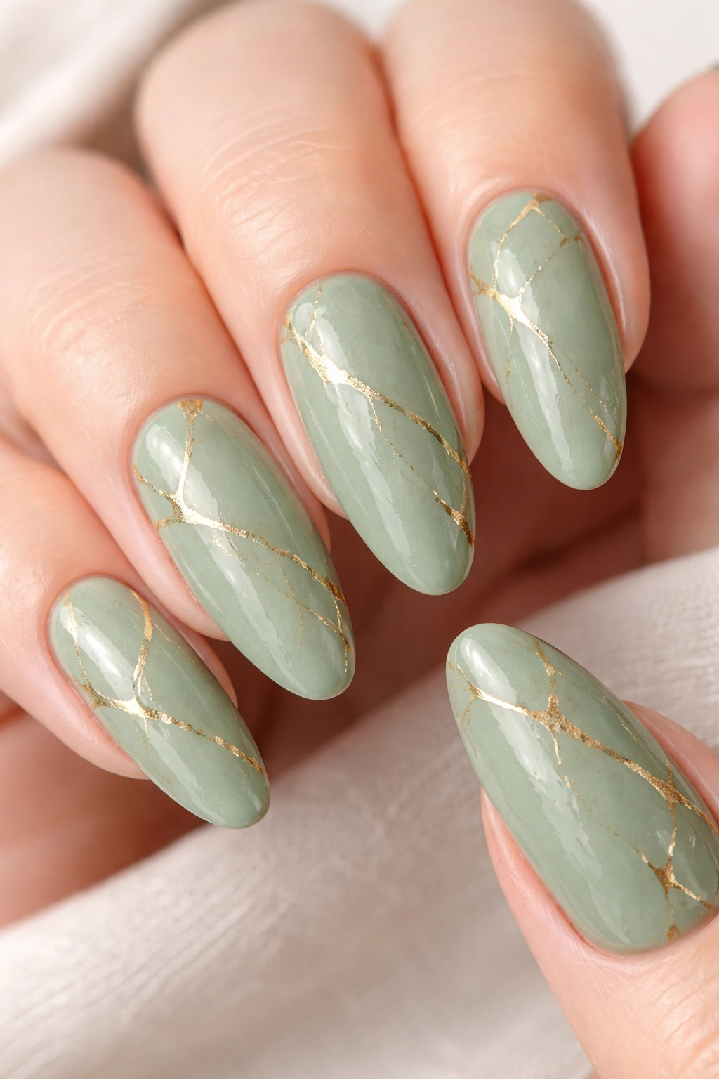 Close-up of sage green oval nails with delicate gold veining on long nails