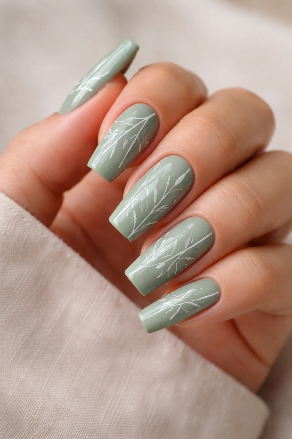 Close-up of sage green coffin nails with fine white line details.